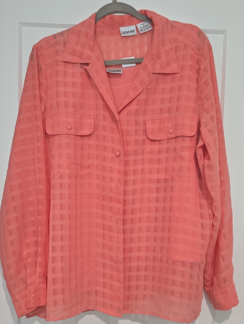 Liz Baker Coral Checkered Button-Front Women's Top